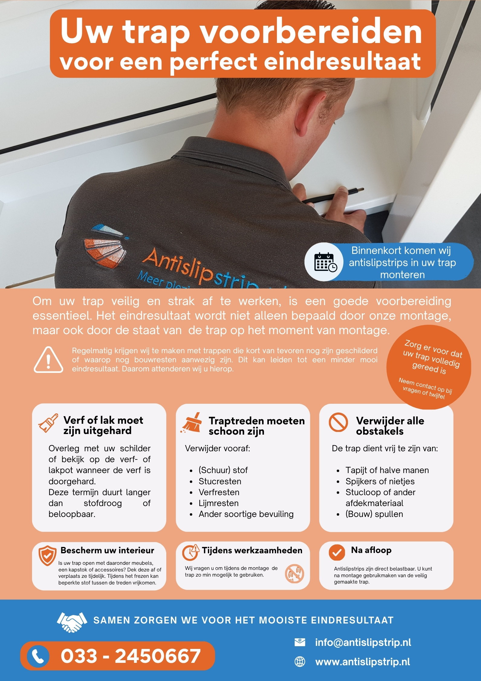 Checklist voor het voorbereiden van een trap voordat antislipstrips worden ingefreesd.